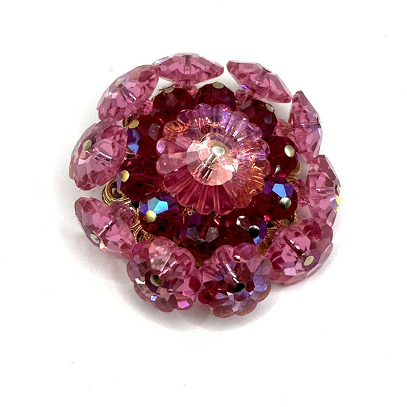 Vendome Brooch Pin Flower Pink Crystal Ruffle Aurora Borealis Floral Vintage - Picture 5 of 5